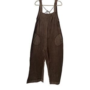 Zenana Women’s Washed Brown Cotton Textured Jumper Jumpsuit Overalls